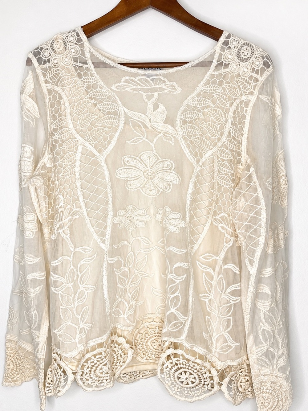 Blair Boho Lace Crochet Top w/ Cami Tank Under Large Flowers Sheer Long Sleeve